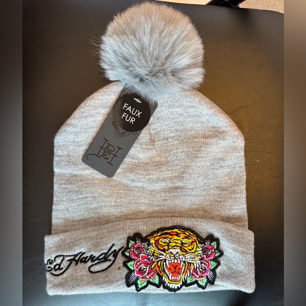 Ed Hardy Gray Knit Beanie Hat Faux Fur Pom Tiger Patch With Roses NWT